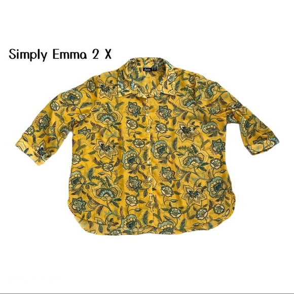 Simply Emma Tops - Simply Emma Yellow Floral Button Down Blouse 2X